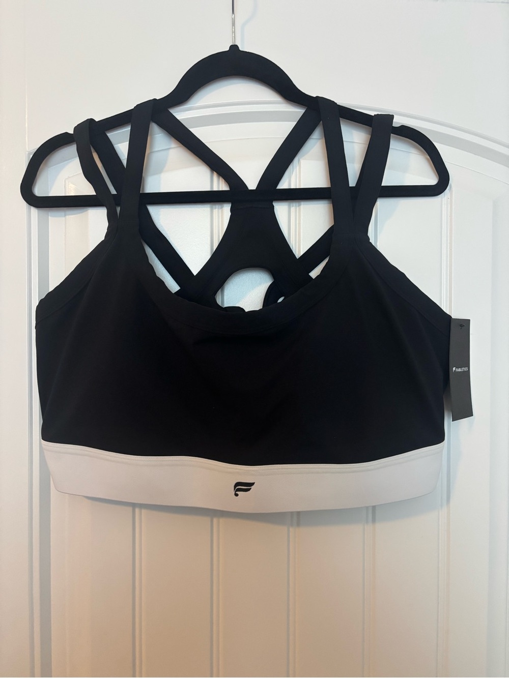 Fabletics Black Sports Bra with White Band and Strappy Back